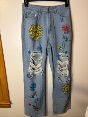 SHEIN Light Blue Distressed Floral & Sun Embroidered Straight Jeans